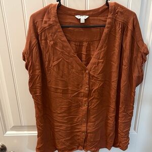 Orvis Burnt Orange Button-Front V-Neck Womens Shirt